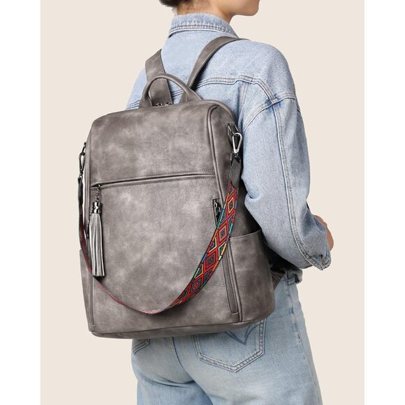 Women's Grey  Retro Style Backpack Designer 15.6 inch PU Leather Laptop Bags - Picture 2 of 9